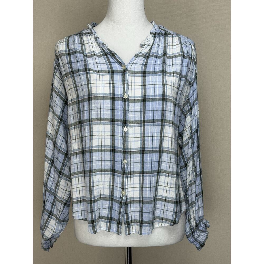 Loft Women's‎ Sz S Blue White Plaid V-Neck Ruffle Trim Crepe Texture Button Up